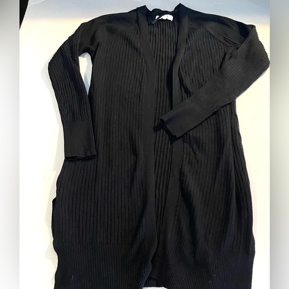 Pointelle Sweaters - Black Ribbed Knit Women's Cardigan Sweater